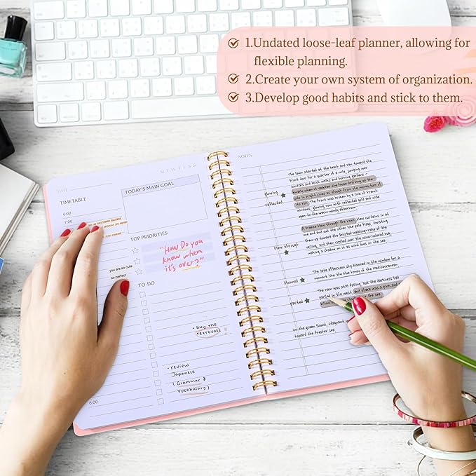 Undated Daily Planner with Hourly Schedule, 5.71" X 8.35" Daily To DO List Noteboook Set Goals A5 Daily Personal Organizer Notepad for School Work Office Improve Efficiency Planner, Pink