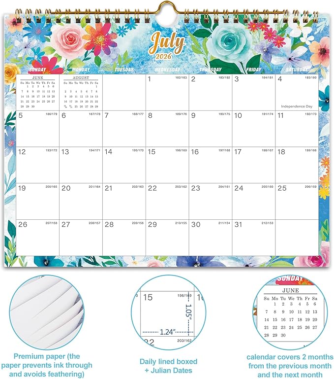Calendar 2026-18 Monthly Wall Calendar, January 2026 - June 2027, 8.5" x 11", Calendar 2026-2027 with Twin-Wire Binding, Hanging Hook, Blocks and Julian Dates (Watercolor Wall Calendar)