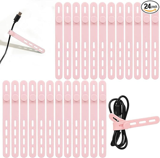 Donruby 24Pcs Silicone Cable Ties - Reusable & Washable with Locking Buckles, Adjustable Fastening Cable Management Straps, Multi-Purpose High Elasticity Cord Organizer (Pink)