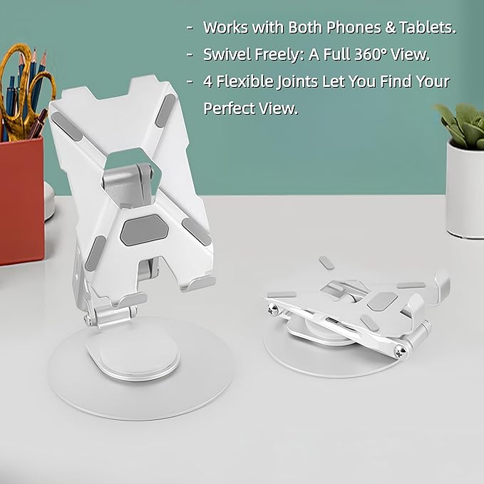 All-Metal Cell Phone Stand 360° Rotatable & Height Adjustable - 25KG Super Load-Bearing, Foldable Desk Stand for Phone & Tablet, Compatible with iPhone 17/16/15/14, Kindle eBook, Silver
