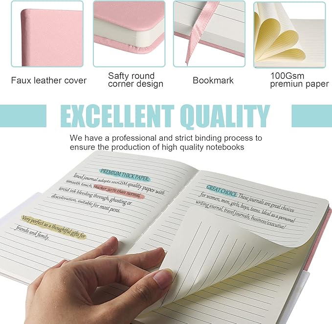 Lined Journal Notebook, 10Pack Hardcover Notebook for Men & Women – Journals for Writing, Work, School, Home & Daily Notes, 160 Pages – Medium A5, 5.7"x8", 100 gsm Thick Paper (Pink)