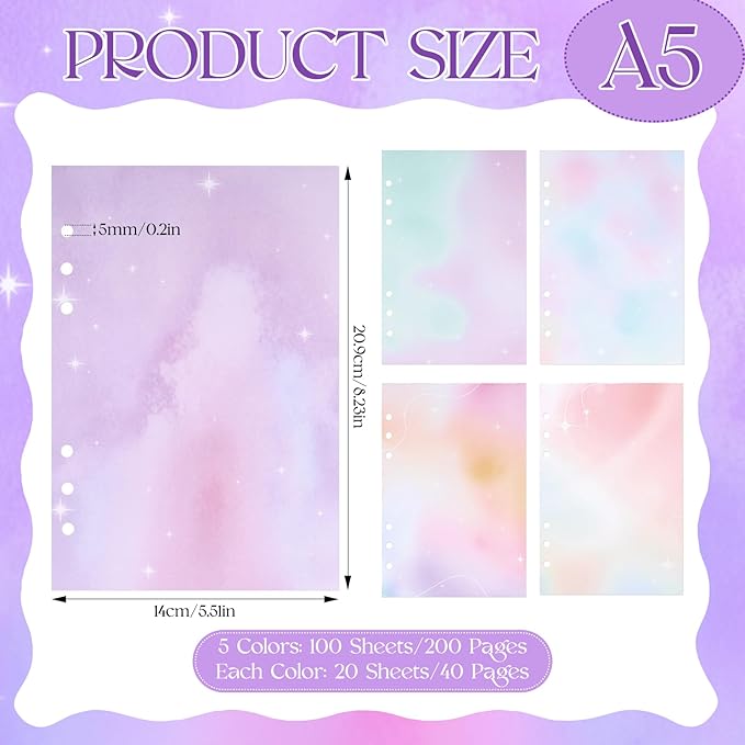 200 Sheets Gradient A5 Refill Papers for Planner Binder Insert, 120GSM Thick Loose Leaf Lined Paper, 6 Hole Notebook Filler Paper for A5 6 Ring Budget Travel Journal Diary Binder, Watercolor