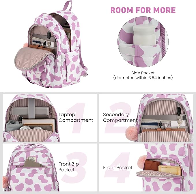 School Backpack for Teen Girls, Cute College Backpacks for Women Students Aesthetic Bookbag Large 15.6 Inch Laptop Bag Middle School Travel Back Pack (Cow Print Purple)