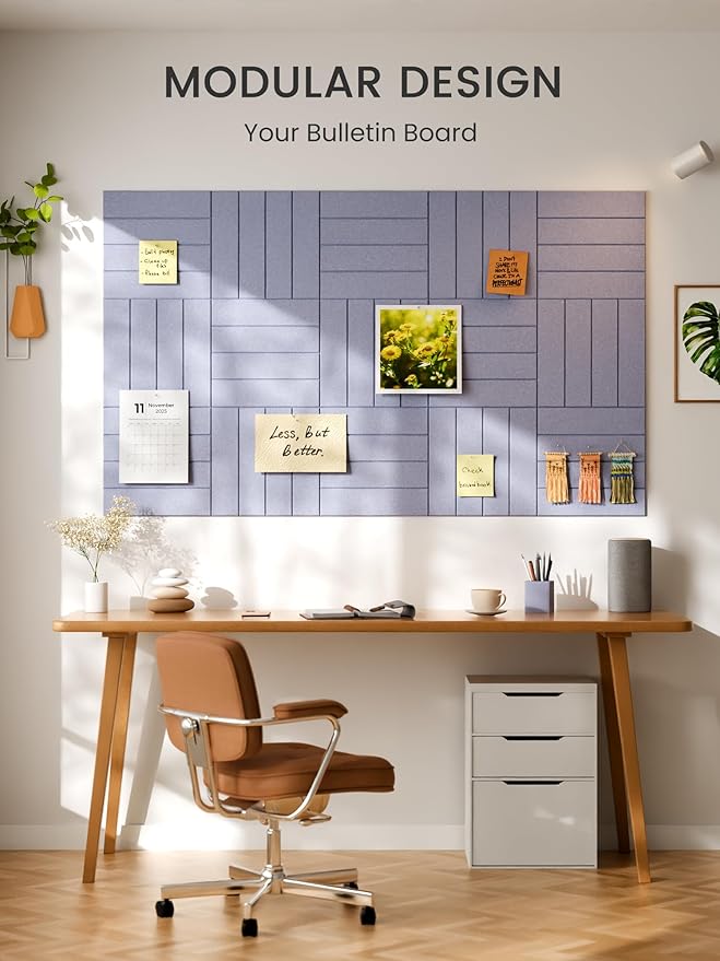 Bumusty Large Cork Board Alternative-48 x 36" Felt Bulletin Board Tiles, with 30 Pushpins, 70 Adhesive Tabs, 12-Pack Slat Wall Paneling, Cork Boards for Office Push Pin Board-Soft Periwinkle