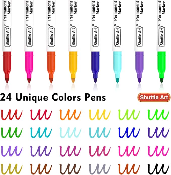 Shuttle Art Permanent Markers, 24 Colors Fine Point Assorted Colors Permanent Marker Set, Works on Plastic,Wood,Stone,Metal and Glass for Doodling, Coloring, Marking (Pack of 2)