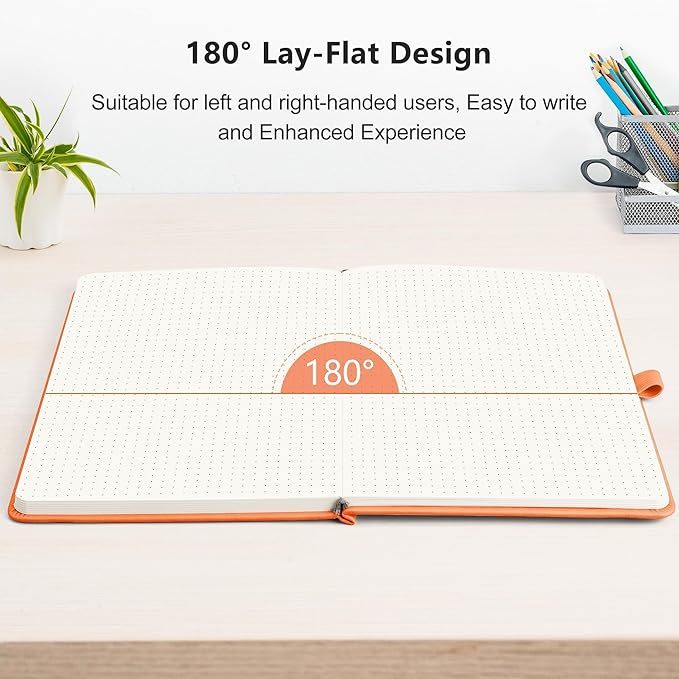 RETTACY Dotted Journal Notebook, 192 Pages, A5 Medium Size (5.7'' x 8.3''), Leather Hardcover, 100 GSM Thick Paper, for Bullet Journaling, Planning, Tracking (Orange)