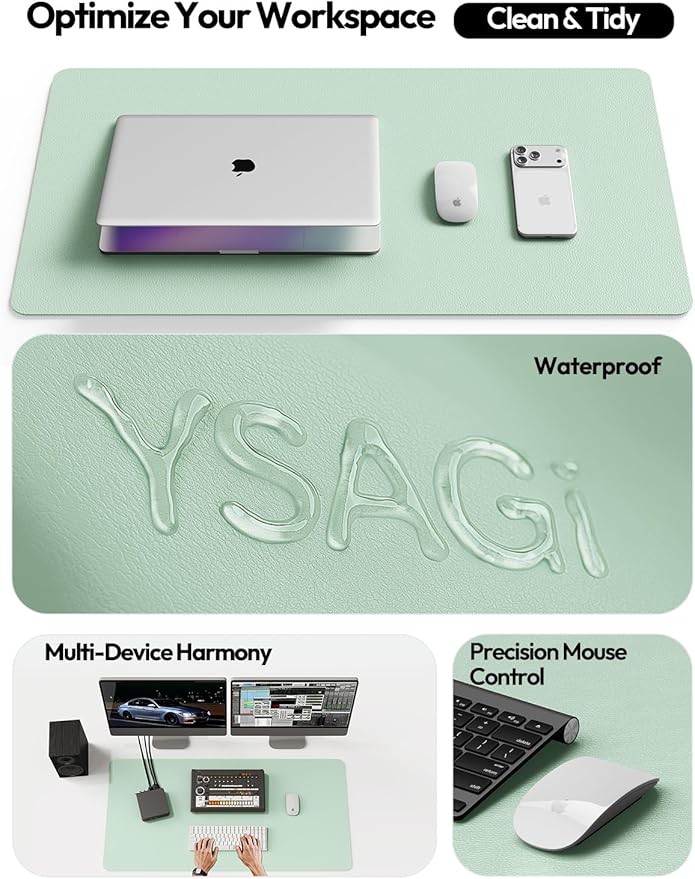 YSAGi Leather Desk Protector, Office Mat, Large Mouse Mat, Non-Slip PU Leather Blotter, Laptop Desk Pad, Waterproof Writing Pad for Office and Home (Pale Green, 47" x 17")