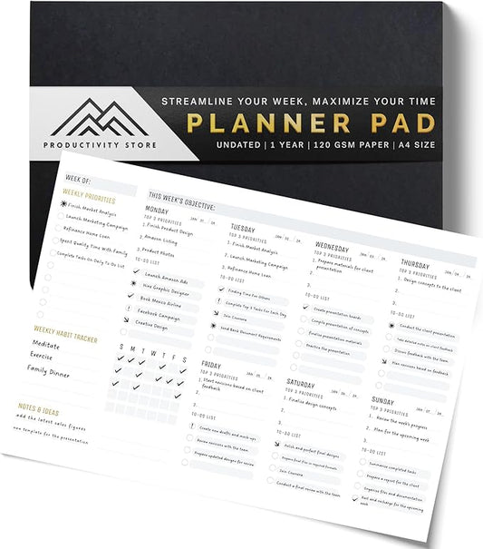Productivity Store - Weekly Desk Planner Pad, 12-Month Productivity Planner, Tear-Out Deskpad for To-Do List, Productivity Tools for Time Management and Mindfulness, A4 Size, Black