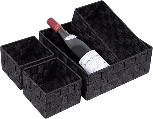 Posprica Woven Storage Baskets for Organizing, Small Black Baskets Cube Bin Container Tote Organizer Divider for Drawer, Closet, Shelf, Dresser, Set of 4