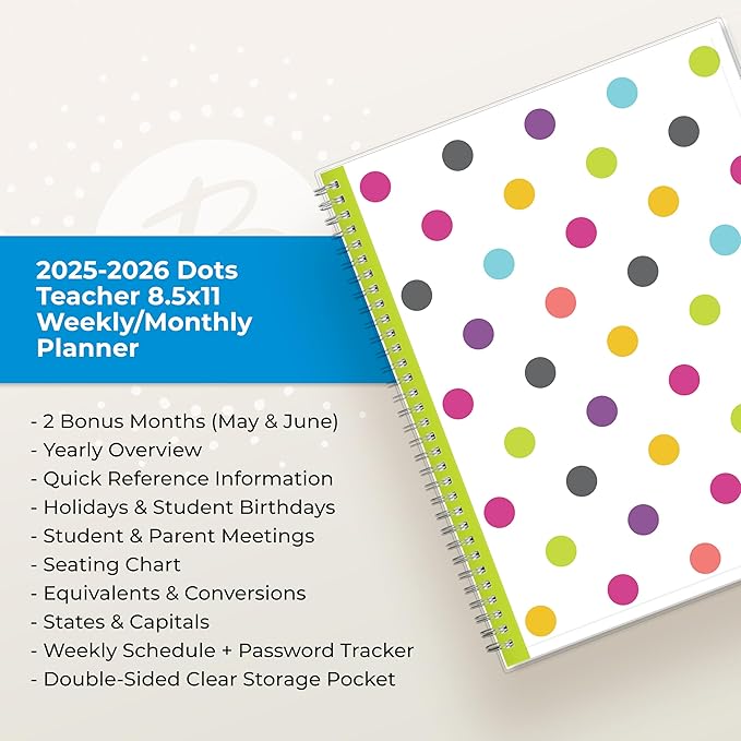 Blue Sky 2025-2026 Weekly and Monthly Academic Year Teacher Lesson Planner Calendar, July 2025 - June 2026, 8.5" x 11", Flexible Cover, Wirebound, Laminated Tabs, Storage Pocket, Dots