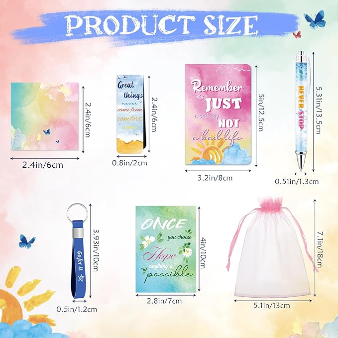 Pasimy 218 Pcs Inspirational Stationery Gifts Motivational Mini Notepad Pen Quote Bookmarks Stress Relief Stickers Inspiring Silicone Keychains for Adult School Office Appreciation (Watercolor)