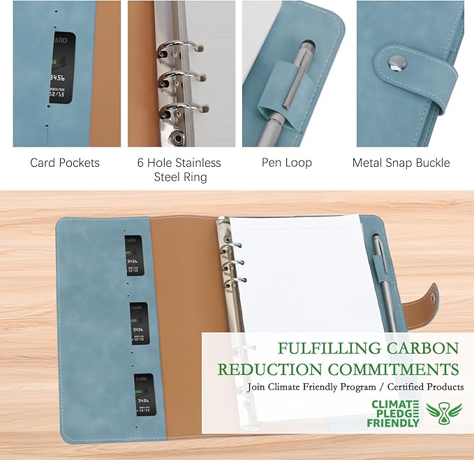 FYY A5 Binder Refillable Planner Notebook 6 Ring PU Leather Binder Journal with Pockets, Dividers, Refill Paper Blue