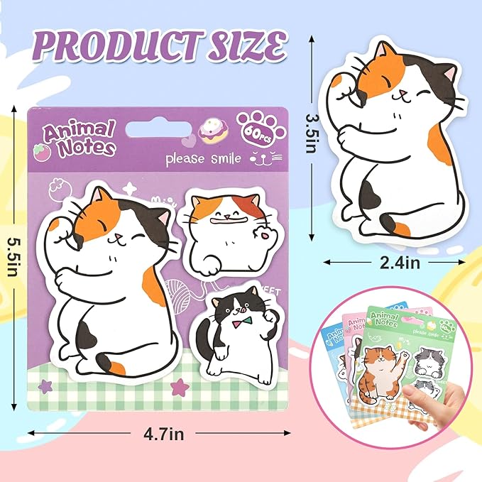 Cute Cat Shaped Sticky Notes Set - 6 Kawaii Animal Memo Note Pads with Cartoon Cats Design - 360 Sheets Themed Stationery Notepad for School, Office Supplies, Gifts for Cat Lovers