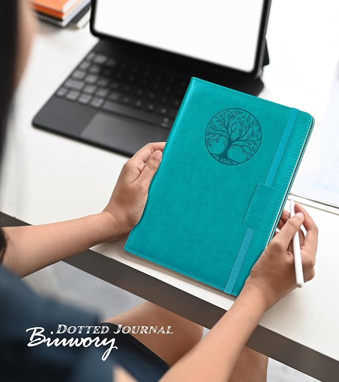 Biuwory Dotted Journal Notebook for Women Men, 160 Pages Hardcover Dot Grid Notebooks for Work, School & Travel, Leather Journals for Writing, Bullet Journaling 5.7"×8.3" (Blue)