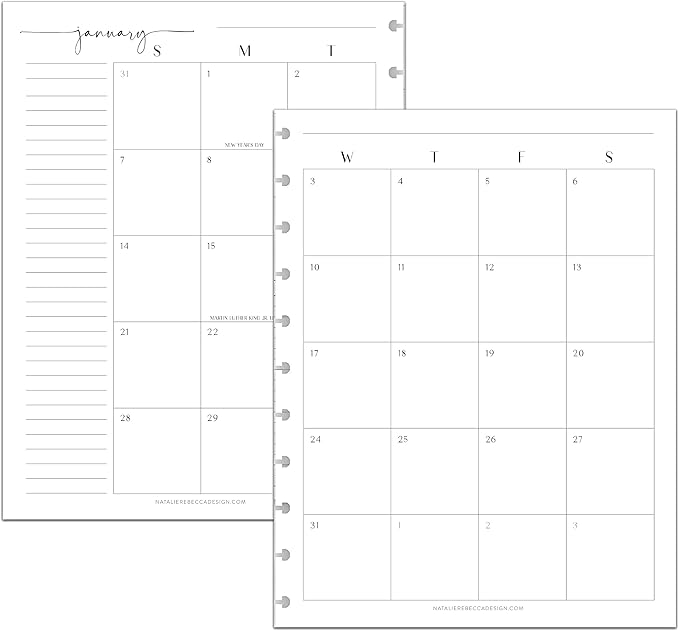 BetterNote 2026 Monthly Calendar Refill Fits Disc Notebooks, Fits Happy Planner, Levenger Circa, Arc Staples, TUL Office Depot, InkWell Press (Modern, 11-Disc, 8.5"x11")