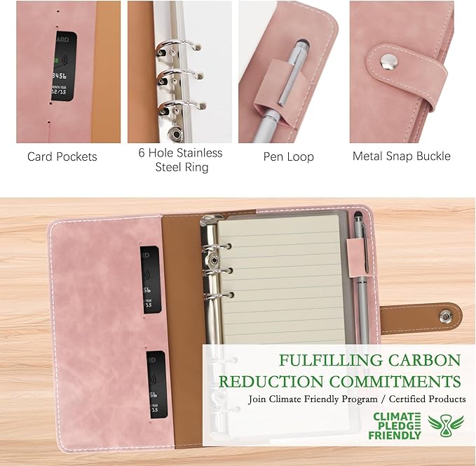 FYY A6 Binder Refillable Planner Notebook 6 Ring PU Leather Binder Journal with Pockets, Dividers, Refill Paper Pink
