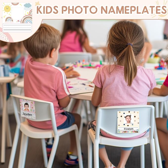 42pcs Rainbow Desk Name Tags Boho Kids Photo Nameplates for Desk Morandi Student Name Plates for Classroom Kindergarten Labels Stickers with Photo Self Adhesive Colorful Classroom Decoration