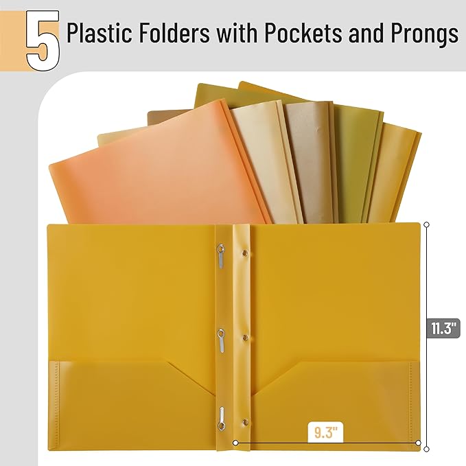 Mr. Pen- Plastic Folders with Pockets and Prongs, 5 Pack, Letter Size, Gold Spectrum, Flexible Plastic Folders with Prongs
