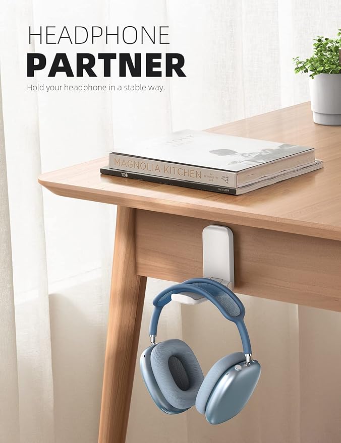 Lamicall Headphone Stand, Sticky Headset Hanger - Adhesive Headphone Holder Hook Mount, Headset Stand Holder Clip Under Desk, Earphone Clamp for Airpods Max, HyperX, Sennheiser, White