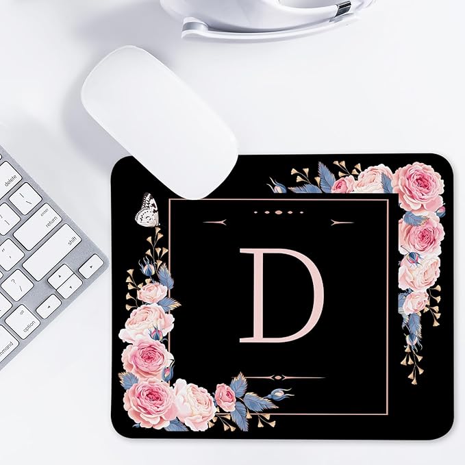 Letter D Black and Pink Flowers Square Mouse Pad, Mouse Pad with Stitched Edge and Non-Slip Rubber Base,Mouse Mat,Home Office Decor Desk Accessories,9.4x7.8x0.12 inch Square Mouse Pad