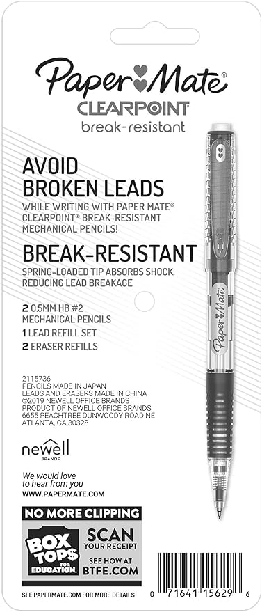 Paper Mate Clearpoint Mechanical_Pencils 0.5mm, Break Resistant HB #2 Lead, School_Supplies, Art_Supplies,Drawing_Supplies,Sketching_Pencils, 2 Pencils, Black, 1 Lead Refill Set, 2 Erasers (Pack of 2)