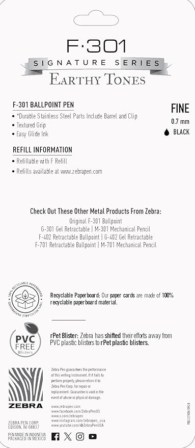 Zebra Pen F-301 Signature Series Retractable Ballpoint Pen, 0.7mm, Black Easy-Glide Ink, Stainless-Steel Barrel, Terracotta Earth Tone Accents, Best for Office, Journal and Planner Use, 4-Pack (27294)