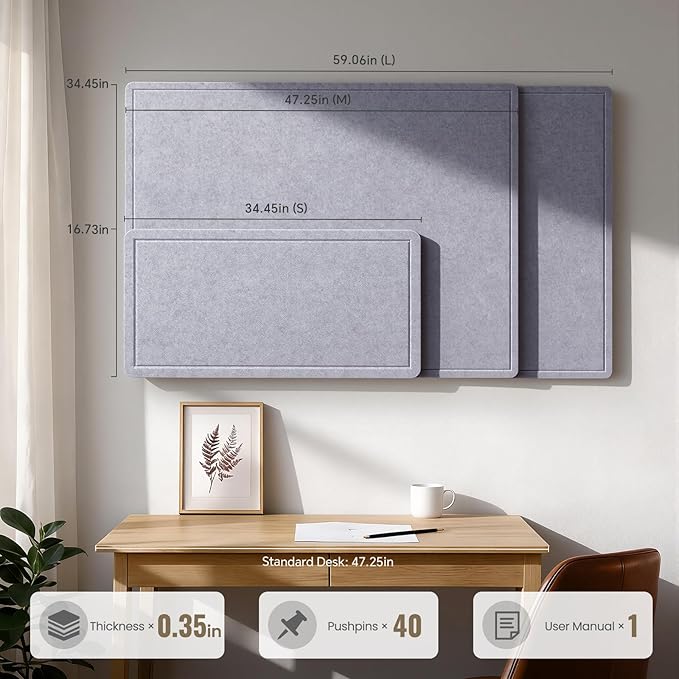 Large Bulletin Board, 48 X 35 Inches Felt Cork Board with 40 Pushpins, Foldable Felt Notice Pin Board Photo Display Board with Self-Adhesive Tape for Office Home School (Light Gray, 48x35 inch)