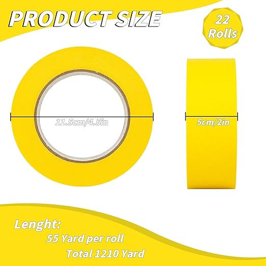 22 Rolls Yellow Painters Tape Bulk 2 inch x 55 Yards, Painters Masking Tape No Residue Wall Painting Tape Artist Tape Trim Edge Finishing Tape for Wall Painting Decoration DIY Supplies