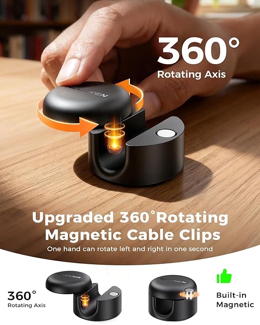 Rocoren 9 Pack Cable Clips [Upgraded], Magnetic 360° Rotatable Cord Holder, Adhesive Cable Management Organizer, Wire Keeper for Nightstand Desk Car Home Office Accessories