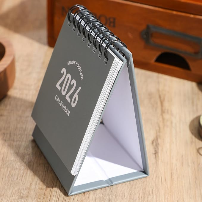Mini Desk Calendar 2026-2027 - Use January 2026 to June 2027, Small Desktop Calendar Thick Paper Twin-Wire Binding with Stickers for Home Office School (Mini Grey)