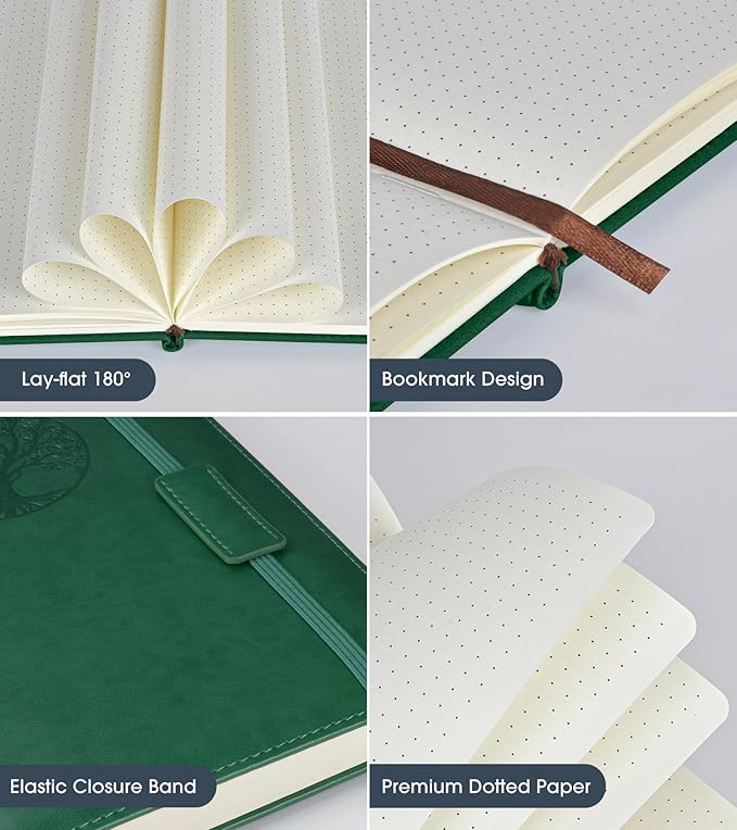 Biuwory Dotted Journal Notebook for Women Men, 160 Pages Hardcover Dot Grid Notebooks for Work, School & Travel, Leather Journals for Writing, Bullet Journaling 5.7"×8.3" (Green)