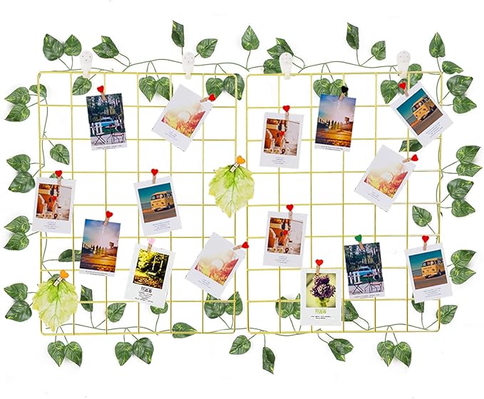 DIJIAHUA 2 Pack Wall Grid Panel Wire Photo Wall Pictures Display Board with Accessory Wall Storage Organizer Memo Board Over Desk Décor for Home, Office and Dorm (Gold)