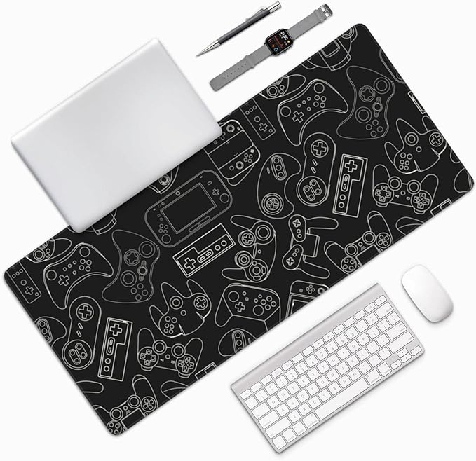 Video Game Controller Black Background Mouse Pads XXL Extended Mousepad with Stitched Edges Non-Slip Rubber Base Computer Keyboard Pad Desk Mat for Home Office Desk Decor, 35.4" X 15.7"