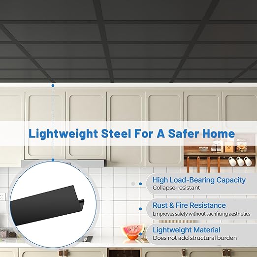 50 PCS 72 Inch Wall Molding Trim Drop Ceiling Grid System 6Ft Galvanized Steel Rust & Fire Resistance Easy Installation Ideal for Basement Living Room Kitchen Bathroom Black