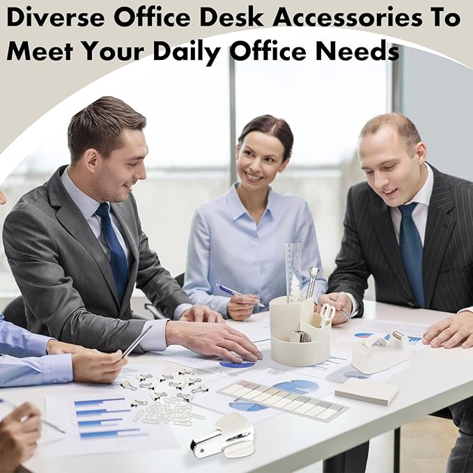 Marspark Office Desk Accessories 12 Pcs Office Supplies Set 360° Rotating Pen Holder, Stapler, Tape Dispenser, Scissor, Sticky Notes, Binder Clips, Desk Organizers Gift for School (Beige)