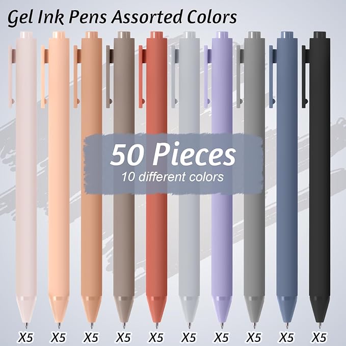 Crtiin 50 Pcs Gel Ink Pens Bulk, Black Ink 0.5mm Fine Point Retractable Pen Smooth Writing Office Supplies for Teacher Server Nurse Valentine Galentine Gift (Morandi Colors)