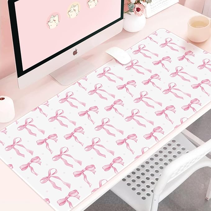 Pink and White Mouse Pad, Desk Mat Pink Bow Keyboard Mat Bows Office Accessories Computer Mat, Non-Slip Rubber Base Extra Large Mousepad Laptop Pad, Desktop Pad Cute Decor for Girls 35.4 x 15.7in