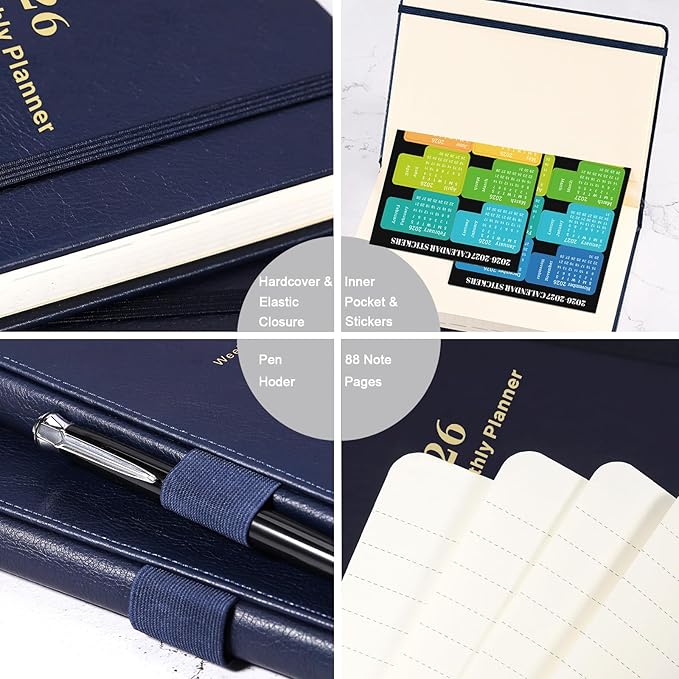 Planner 2026 Weekly and Monthly with Stickers, 5.7" X 8.2", Jan 2026 - Dec 2026, 2026 Calendar Planner, Pen Holder, Inner Pocket, 44 Notes Pages - Blue
