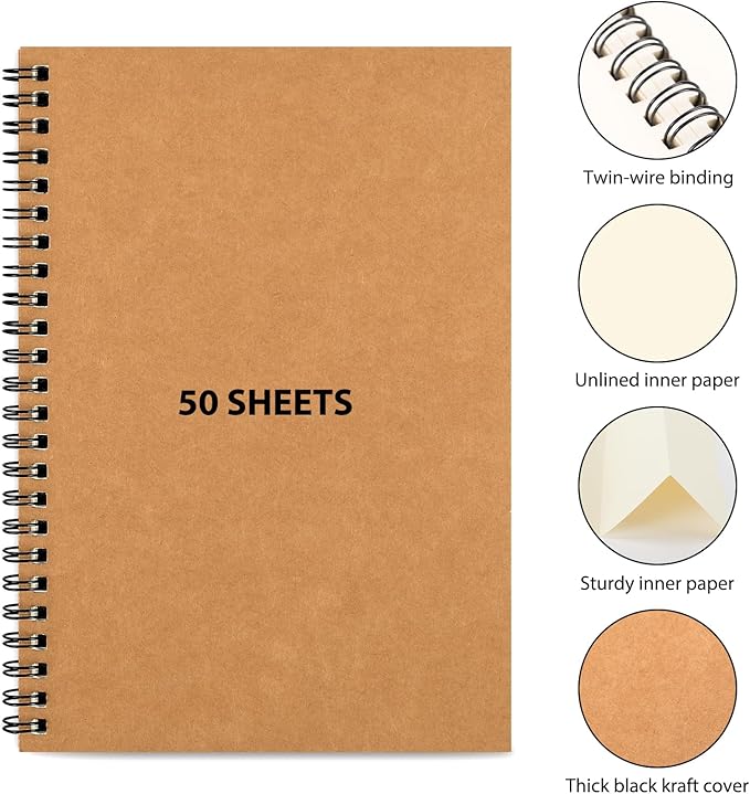 LABUK 7 Pack Blank Spiral Notebook, A5 Unlined Notebook, 100 Pages Journal Sketch Books 8.3"x 5.5" Soft Cover Kraft Diary Planner, 50 Sheets for School Travel Office (Brown)