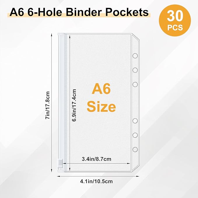 Antner 30pcs A6 Binder Pockets 6-Hole Budget Binder Inserts Cash Stuffing Envelopes for Budgeting, White Zipper Pouch Folders Loose Leaf Filling Bags Money Organizer for A6 6-Ring Planners and Binders