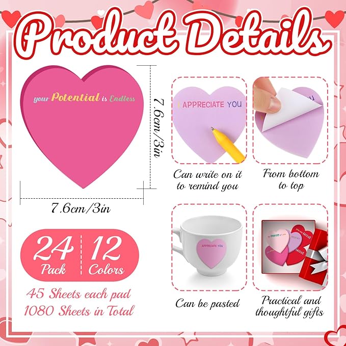 Teling 24 Pack Valentine's Day Sticky Notes Heart Shape Sticky Notes 3 x 3 Inch Appreciation Notepads Bulk Cute Memo Pads for Valentines Party Gifts School Office Supplies (Red Pink Purple)