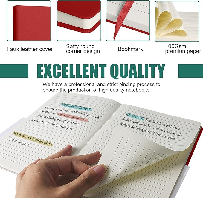 Lined Journal Notebook – Hardcover Notebook for Men & Women – Journals for Writing, Work, School, Home & Daily Notes, 160 Pages – Medium A5, 5.7"x8", 100 gsm Thick Paper (Red)