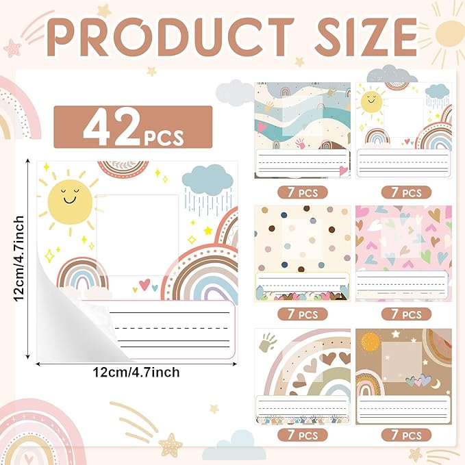 42pcs Rainbow Desk Name Tags Boho Kids Photo Nameplates for Desk Morandi Student Name Plates for Classroom Kindergarten Labels Stickers with Photo Self Adhesive Colorful Classroom Decoration