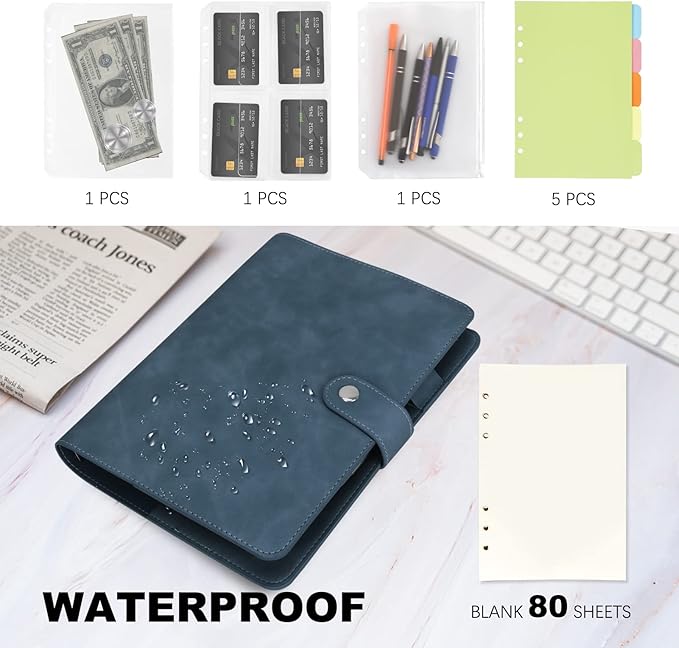 FYY A5 Binder Refillable Planner Notebook 6 Ring PU Leather Binder Journal with Pockets, Dividers, Refill Paper Navy