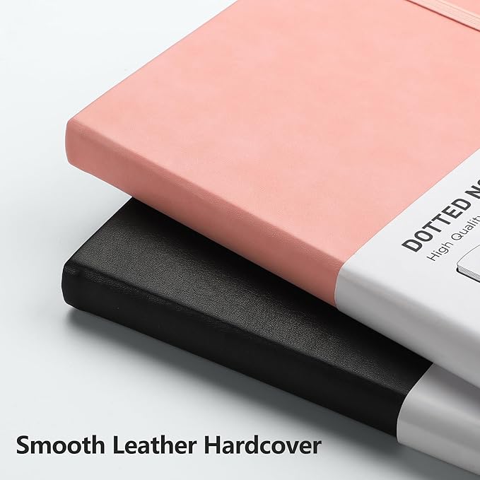 RETTACY Dotted Journal Notebook, 192 Pages, A5 Medium Size (5.7'' x 8.3''), Leather Hardcover, 100 GSM Thick Paper, for Bullet Journaling, Planning, Tracking (Pink)