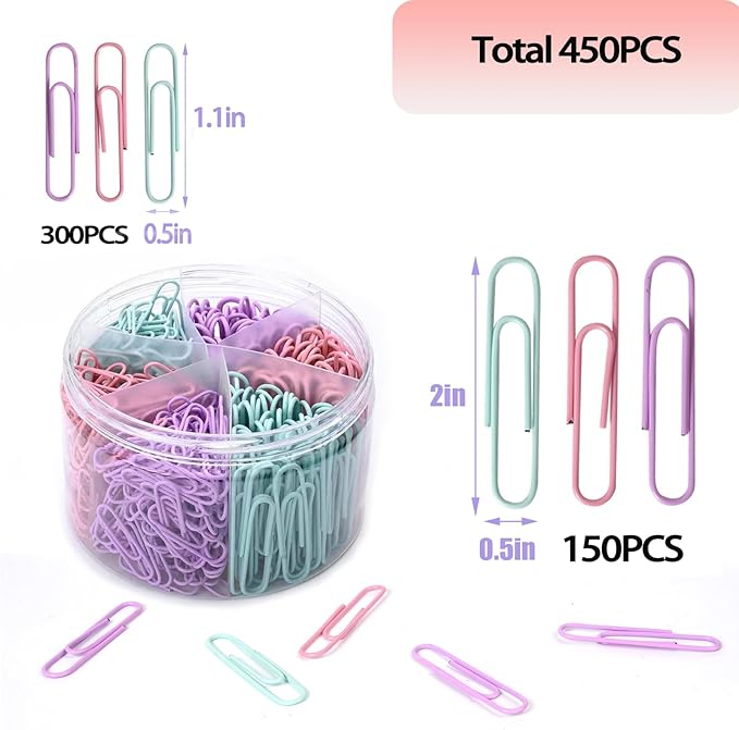 Macaron Colored Paper Clips,450 pcs Paper Clips Assorted Sizes, Large Small（1.1 inch & 2 inch） Paperclips, Paper Clip for Paperwork Office School and Personal Use