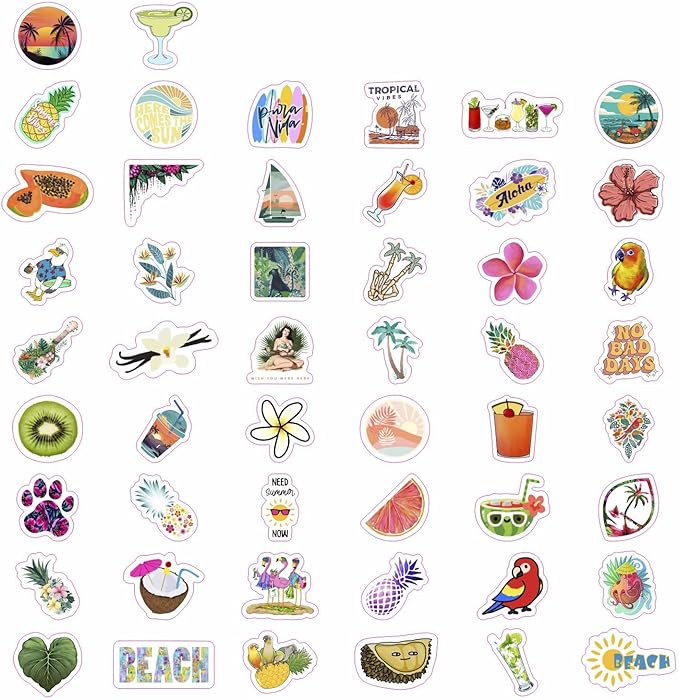 BulbaCraft Tropical Stickers, Beach Stickers for Water Bottle - Tropical Party Supplies & Decorations, Waterproof Vinyl Hawaiian Decals, Gifts for Women & Men
