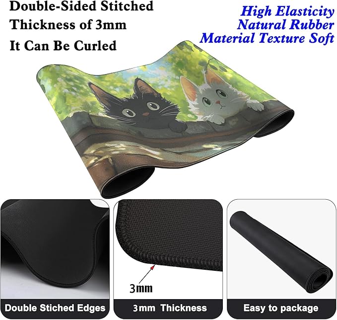 Black and White Cat Desk Pad Mouse Pad,Extend XL Mouse Mat with Stitched Edges,Non-Slip Rubber Base Large Mousepad for Office PC Keyboard Laptop and Home Work Desk Mat(31.5X11.8 in)