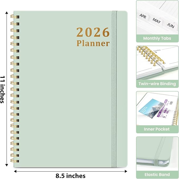 2026 Planner, Weekly and Monthly Calendar Planner, January 2026 - December 2026, Hardcover 2026 Calendar Book with Tabs For Women & Men, Inner Pocket, Spiral Bound, Perfect for Office Home School Supplies - A4 (8.5" x 11"), Mint
