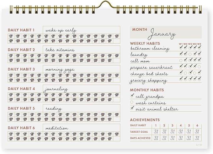 Undated Monthly Habit Tracker Calendar – Minimalist Table Wall Planner for Goals, Productivity & Self-Care, Daily/Weekly/Monthly Tracking, Wire-O Hanger, Thick 200 gsm Paper, Neutral Organizer